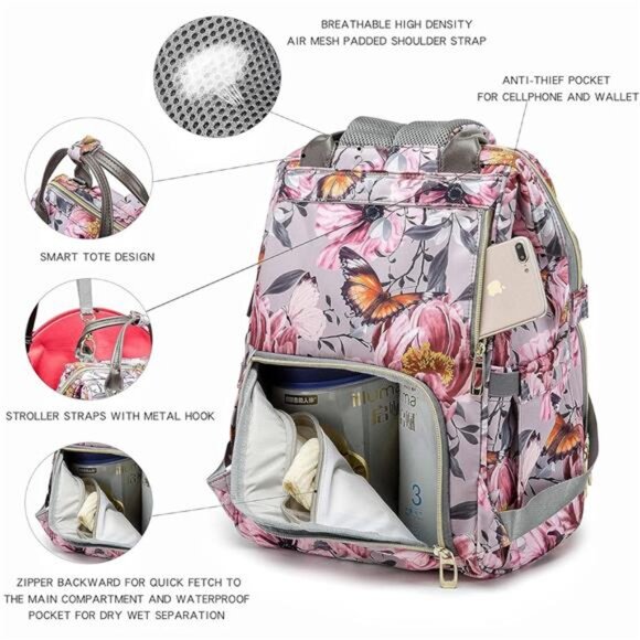 Floral Diaper Bag Backpack with Coin Bag USB Charging Port Stroller Straps - Picture 4 of 7